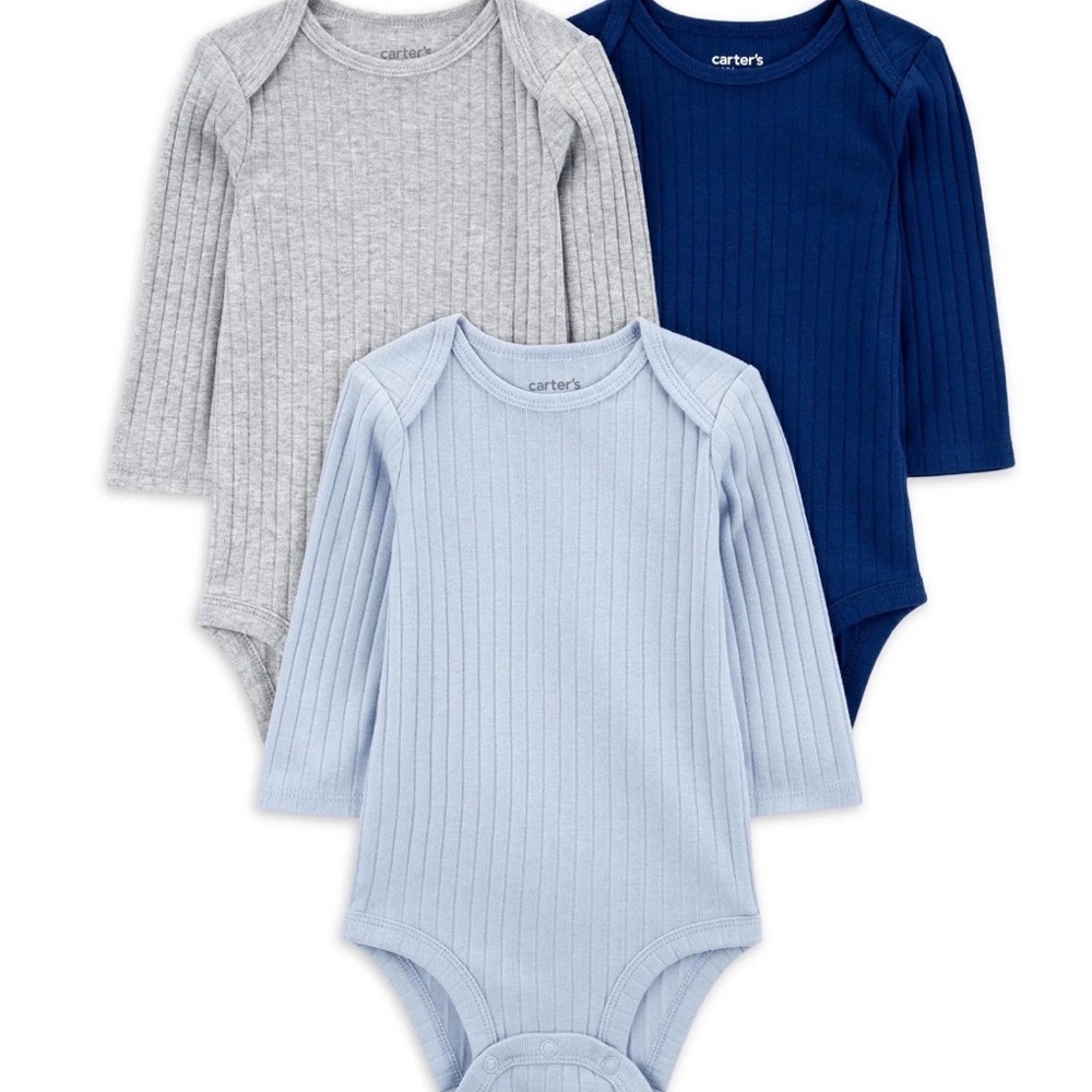 Carter's Ribbed Long Sleeve Bodysuits in Blue and Gray - 3 Pack